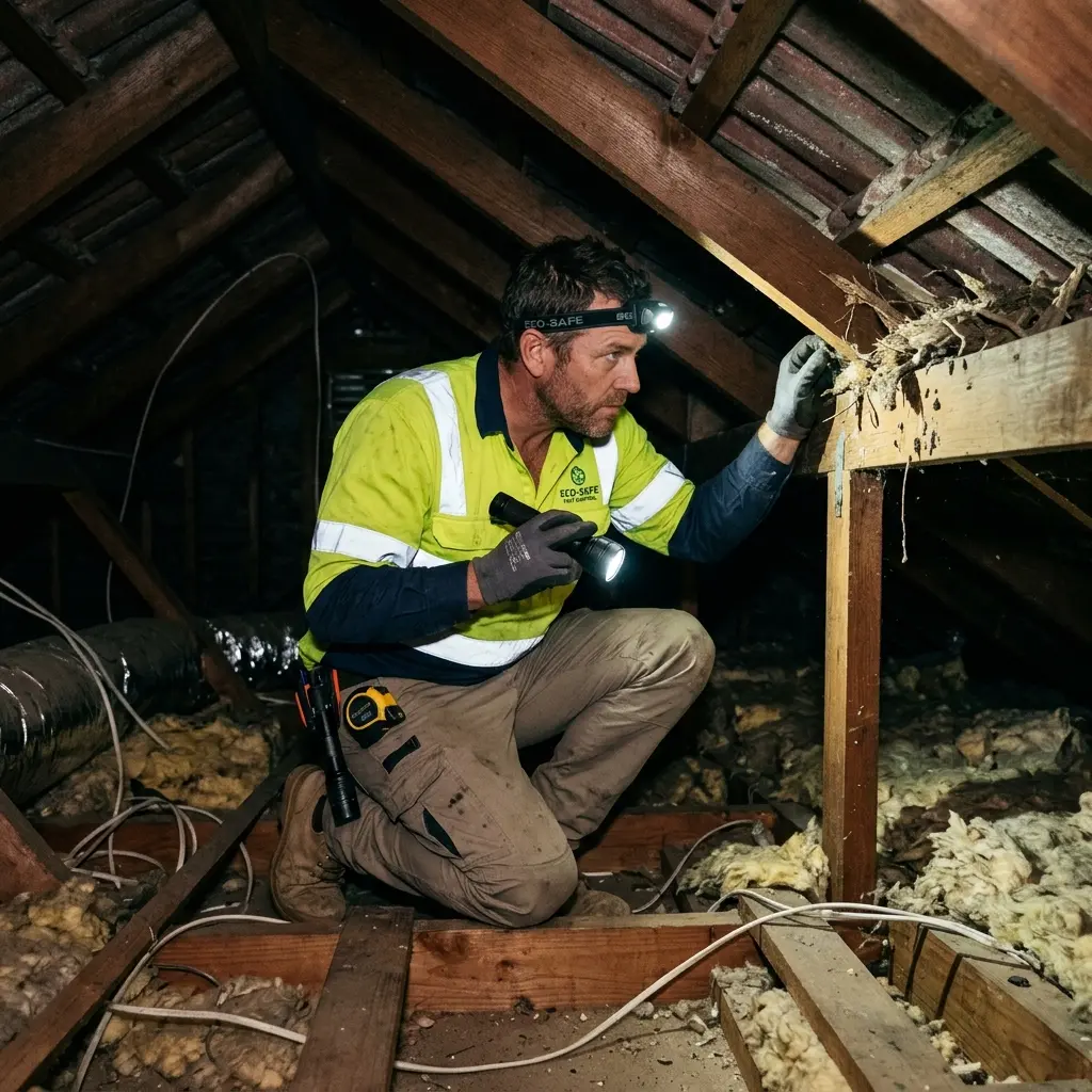 Technician inspecting a roof cavity for a dead animal in Wantirna